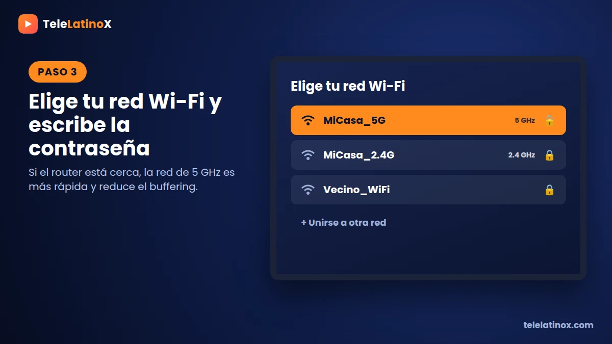 Pantalla de selección de red Wi-Fi en la configuración del Fire TV Stick