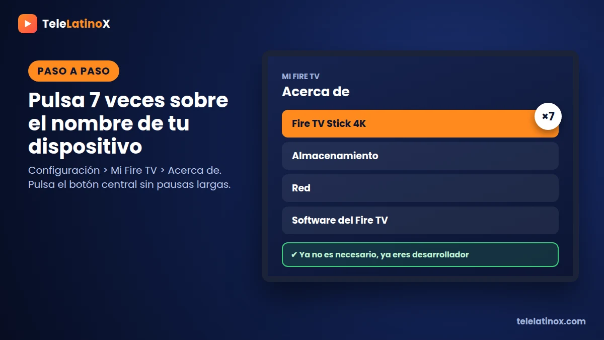 Menú Acerca de con el nombre del dispositivo seleccionado para activar las opciones para desarrolladores Fire TV