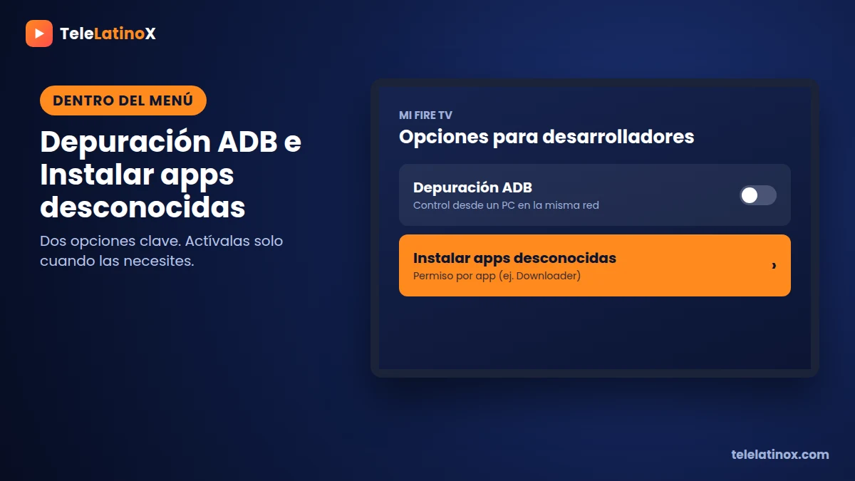 Menú Opciones para desarrolladores del Fire TV con Depuración ADB e Instalar apps desconocidas